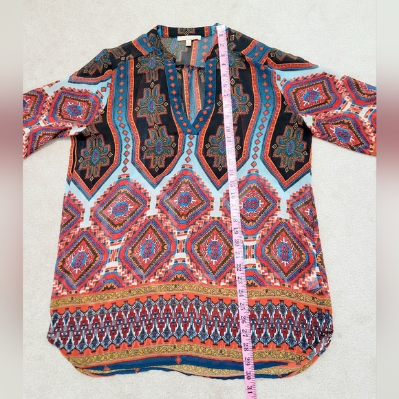 Gibson Latimer Women’s Tunic Top Medium Boho Geometric Print 3/4 Sleeve Sheer - Picture 9 of 11